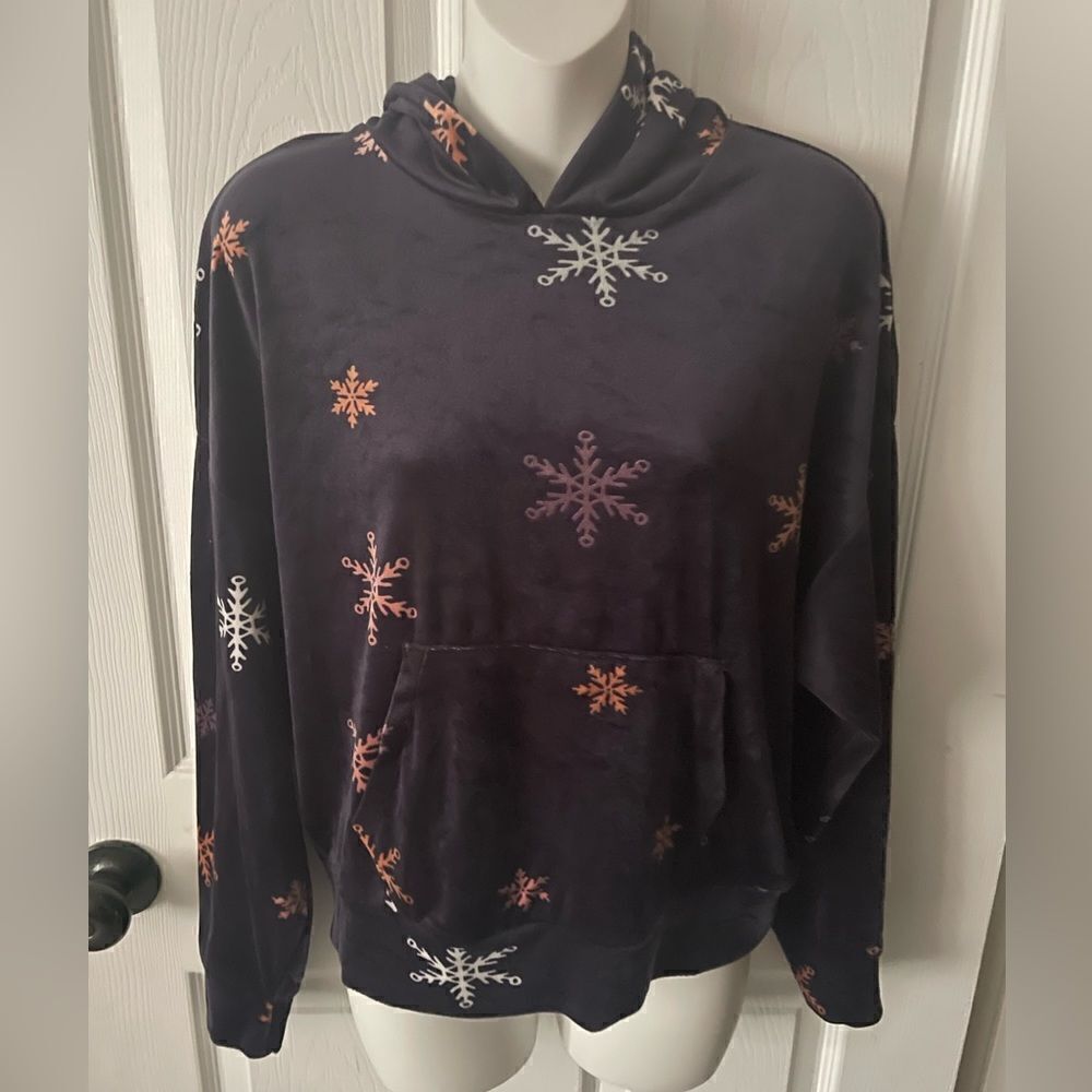 Velour hooded Sweatshirt with multicolor snowflakes winter Christmas size XS